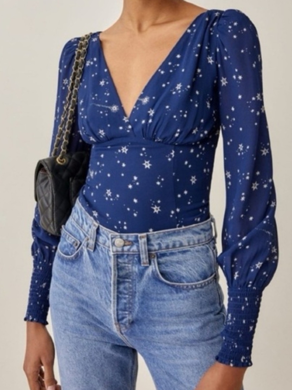 Reformation Michel Deep V Long-Sleeve Top In Starry Night